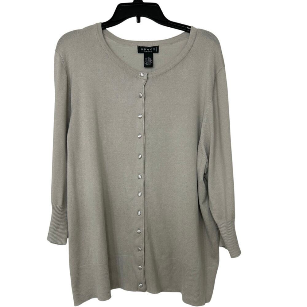 Grace Silver Gray 3/4 Sleeve Button Down Cardigan Sweater New 3X Neutral